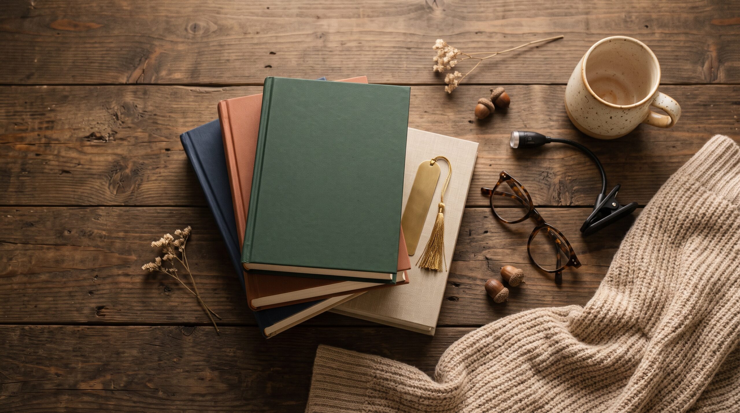 Best gifts for book lovers — a stack of books with a gold bookmark, reading glasses and a reading light