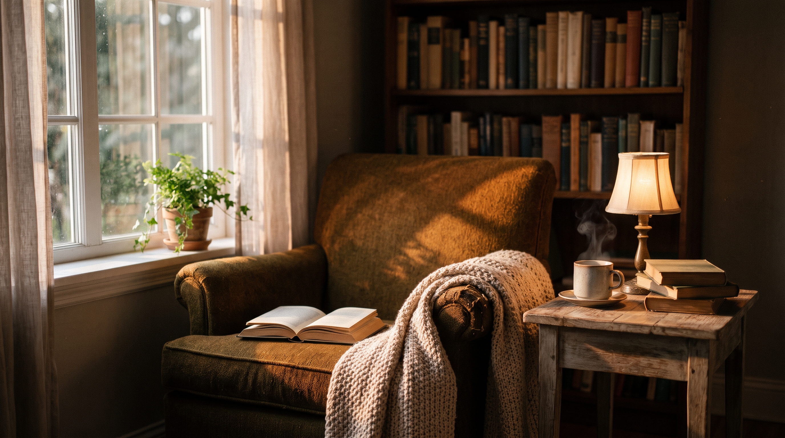 Best gifts for book lovers — a cozy reading nook with an open book, lamp and a hot drink by the window