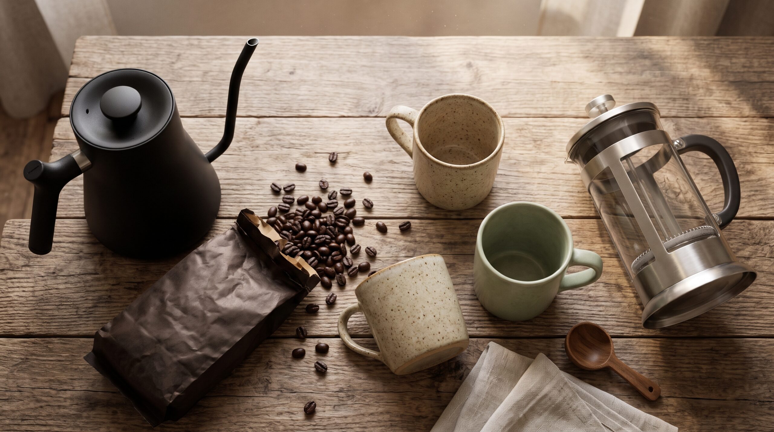 Best gifts for coffee lovers — pour-over kettle, coffee beans, mug and French press on a wooden table