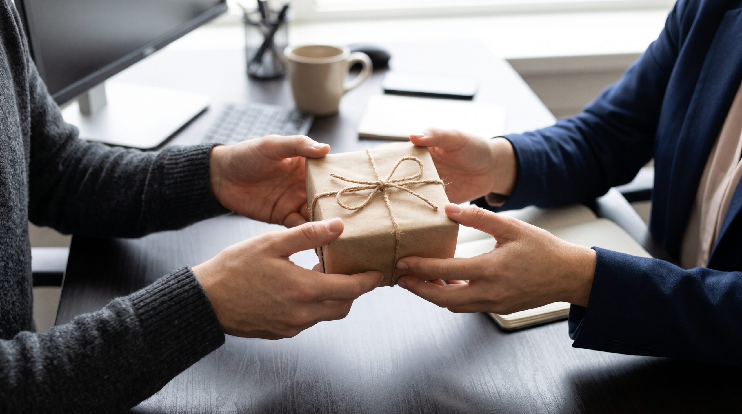 Coworker gift exchange — handing a small wrapped gift to a colleague