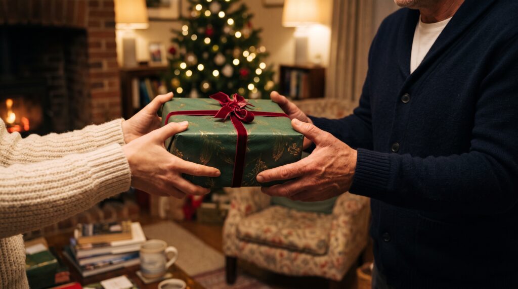 Handing a wrapped gift to dad — best gifts for dad ideas
