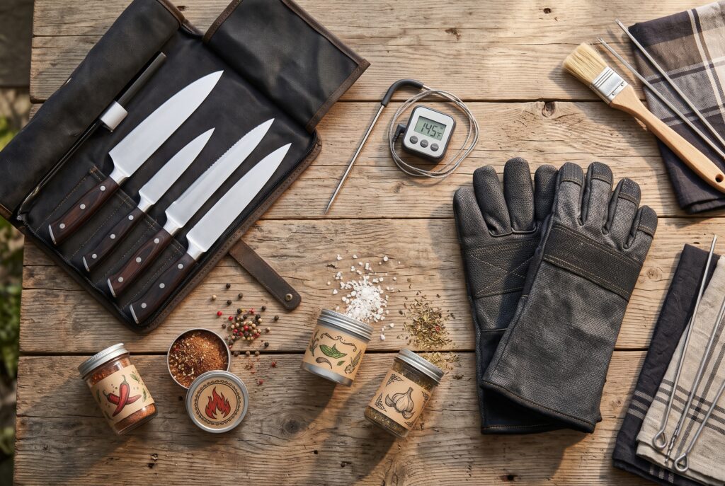 Grilling gifts flat lay - knife roll, meat thermometer, gloves and spice jars