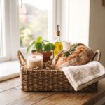 Best housewarming gifts in a woven basket — scented candle, potted plant, sourdough loaf and folded tea towel on a wooden table by a window