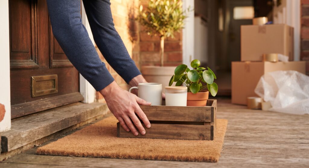 Housewarming gift crate with a ceramic mug, scented candle and potted plant delivered to a new home's front door
