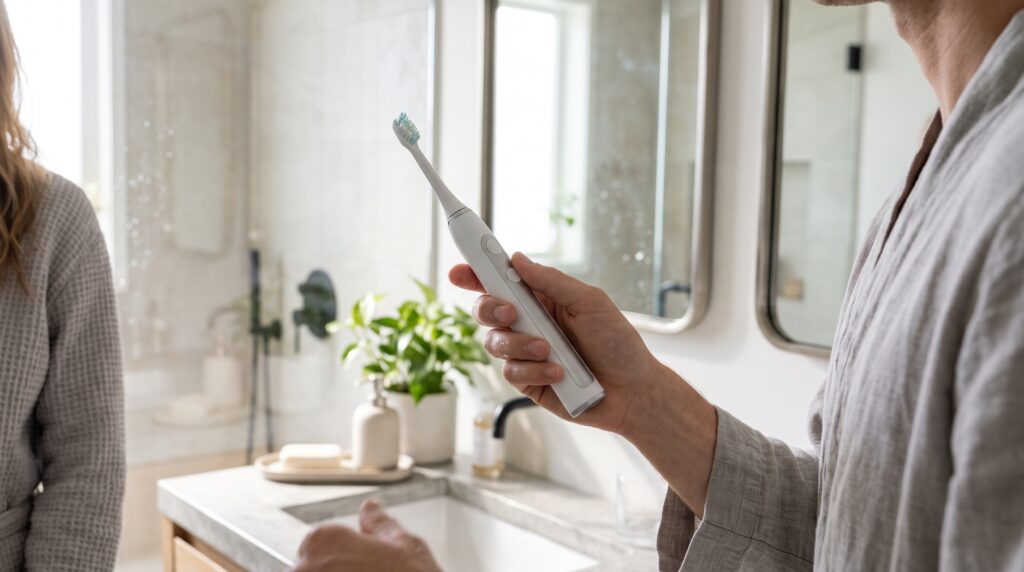 Person using best electric toothbrush Philips Sonicare vs Oral-B comparison