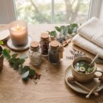 Best self-care gifts — scented candle, bath salts, folded towels, herbal tea and eucalyptus by a window