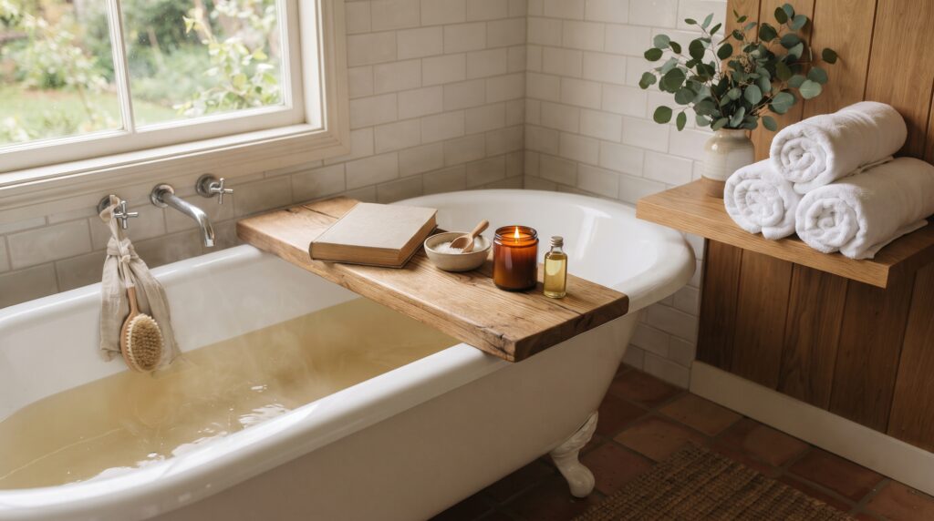 A home spa corner with a wooden bath tray, lit candle and rolled towels — self-care gift ideas