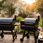 Traeger vs Weber pellet grills side by side on a patio