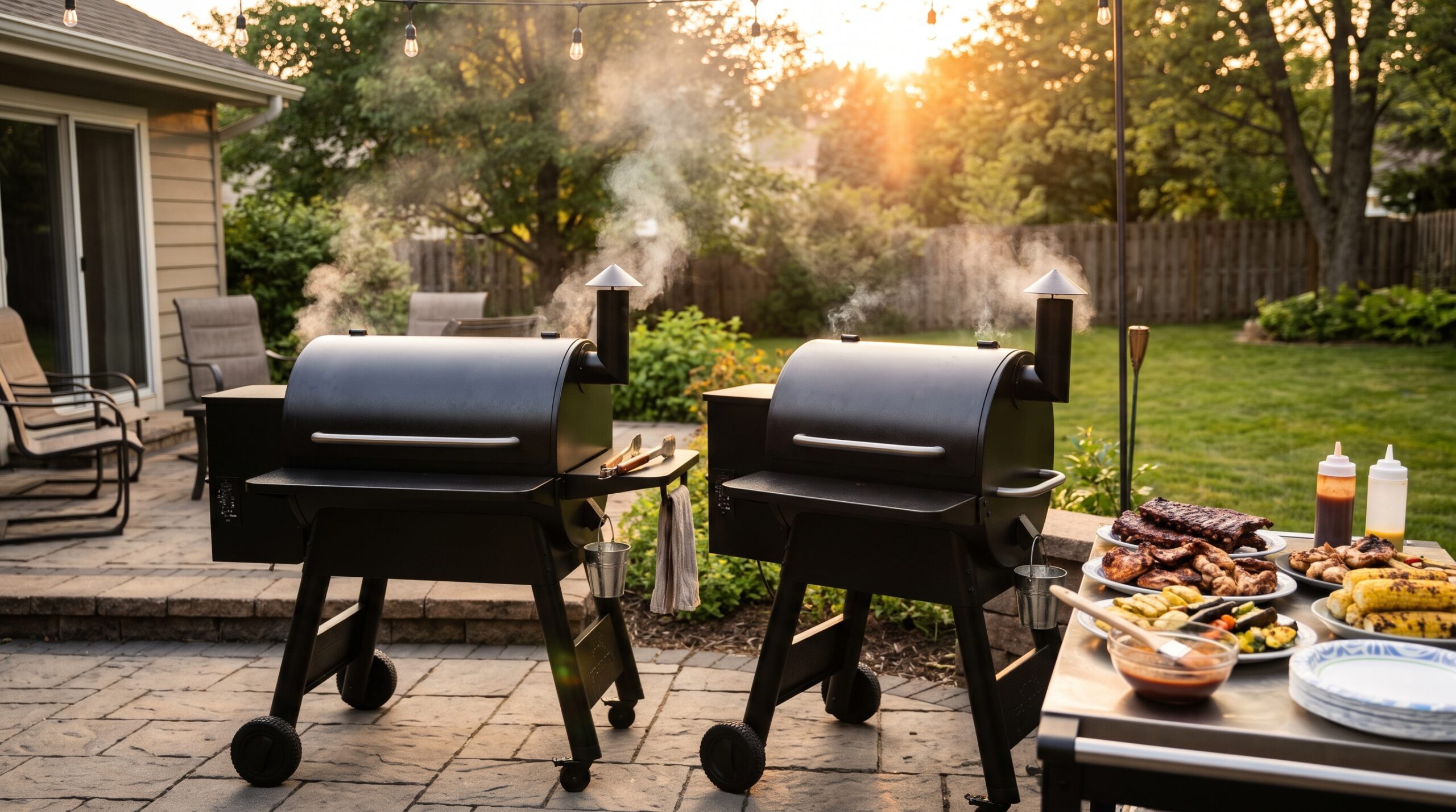 Traeger vs Weber pellet grills side by side on a patio