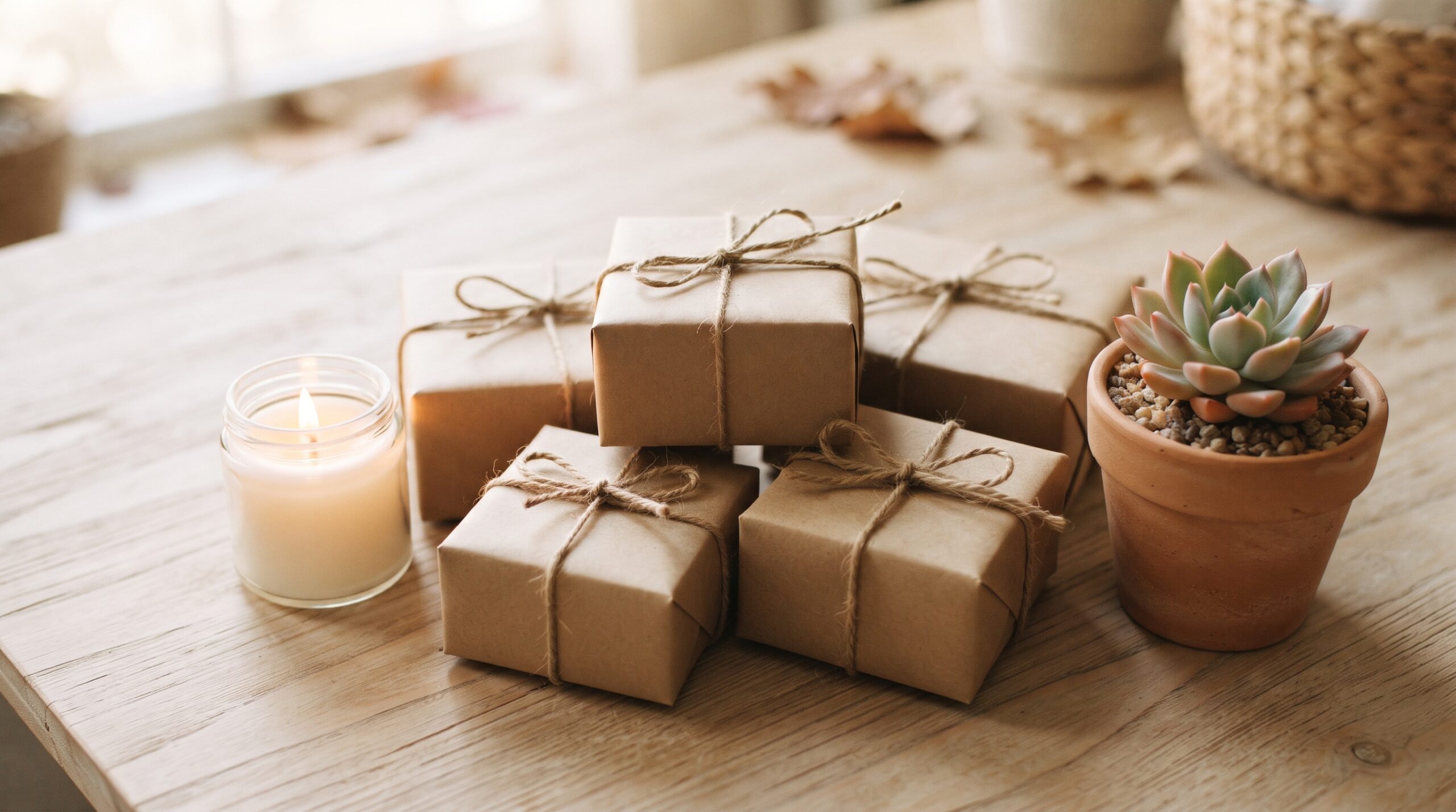 Wrapping gifts under $25 — a kraft gift box with a candle and succulent