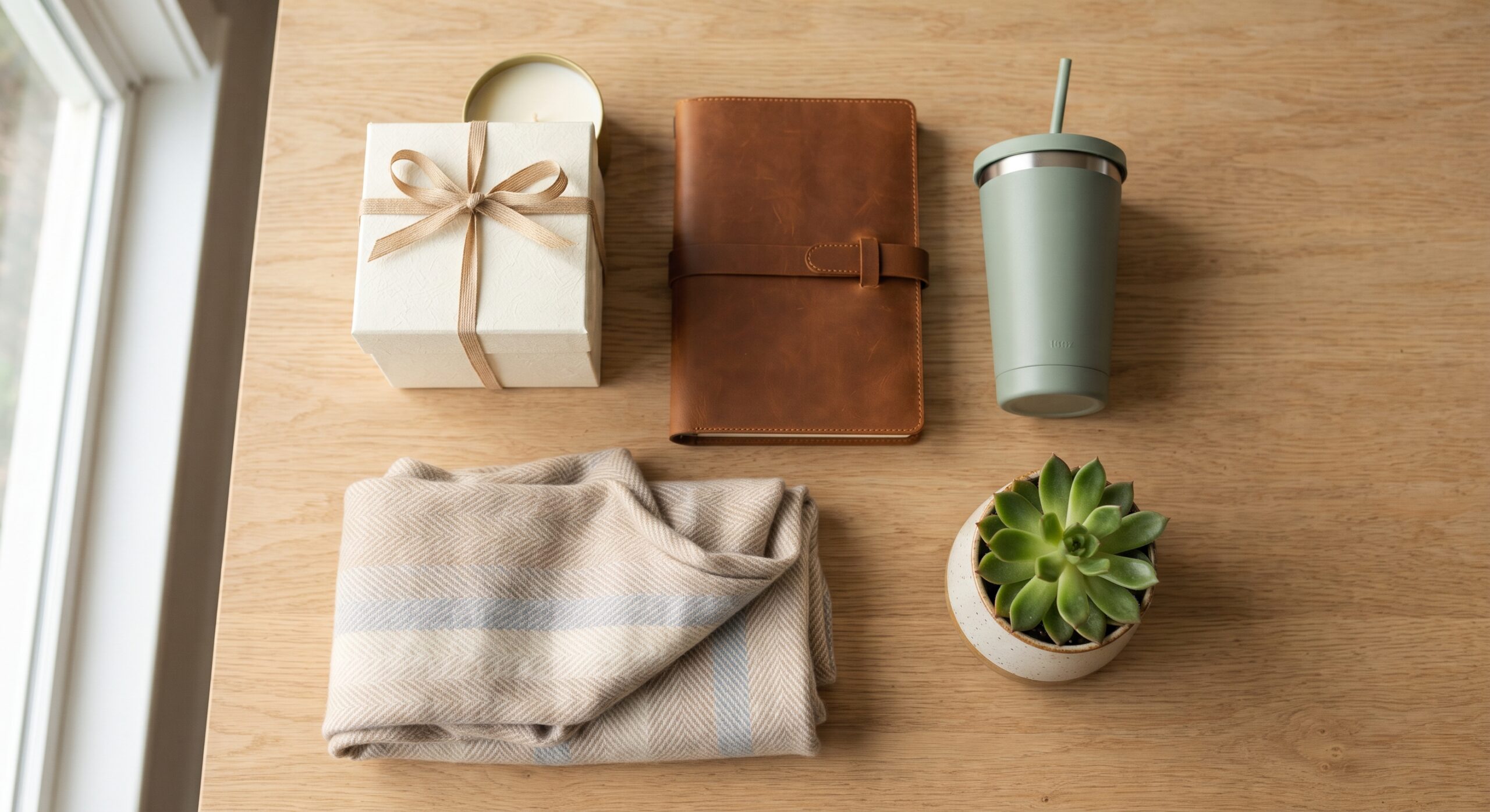 Best gifts under $50 — a candle gift box, leather notebook, tumbler, succulent and folded scarf on a light wood table