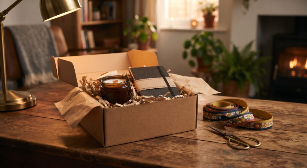 Wrapping gifts under $50 — an open gift box with a candle and notebook, ribbon and scissors nearby