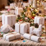 Funny white elephant gift items and white-wrapped gift boxes on a party table with festive string lights