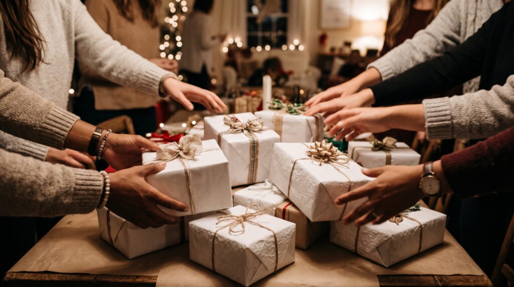 Friends reaching for a pile of white elephant gifts at a party, warm party lighting
